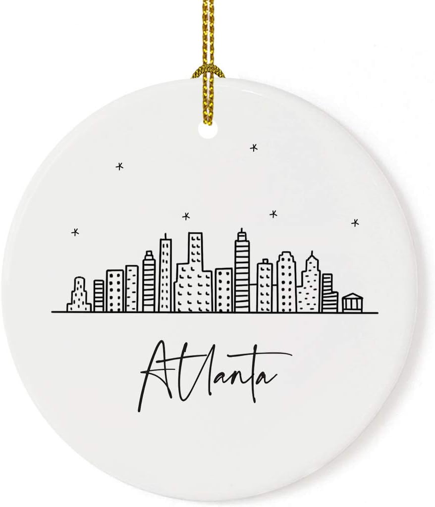 Andaz Press Round Ceramic Porcelain Christmas Tree Ornament Keepsake, Atlanta Black and White Stars City Skyline Graphic, 1-Pack, Birthday Gift Ideas for Family Coworker, Includes Gift Box