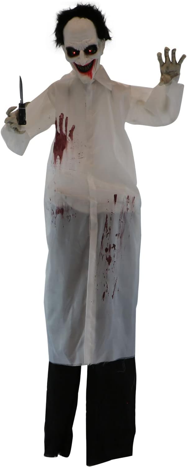Haunted Hill Farm Life-Size Scary Animatronic Doctor with Touch Activated Lights and Sounds, Indoor or Covered Outdoor Spooky Halloween Decorations for Home or Haunted House, Battery-Operated