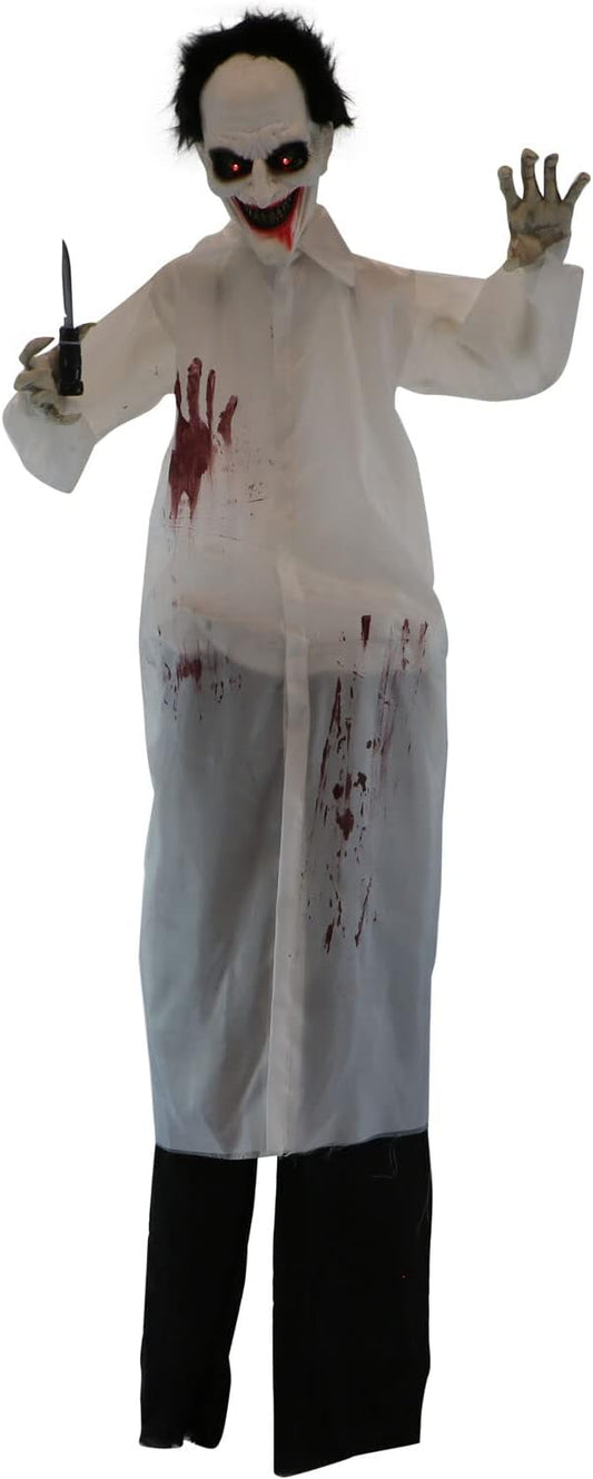 Haunted Hill Farm Life-Size Scary Animatronic Doctor with Touch Activated Lights and Sounds, Indoor or Covered Outdoor Spooky Halloween Decorations for Home or Haunted House, Battery-Operated