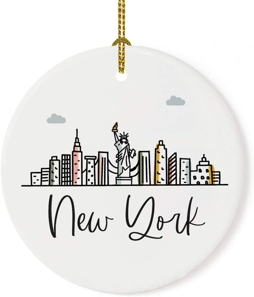 Andaz Press Round Ceramic Porcelain Christmas Tree Ornament Keepsake, New York Colorful City Skyline Graphic, 1-Pack, Birthday Gift Ideas for Family Coworker Him Her, Includes Gift Box
