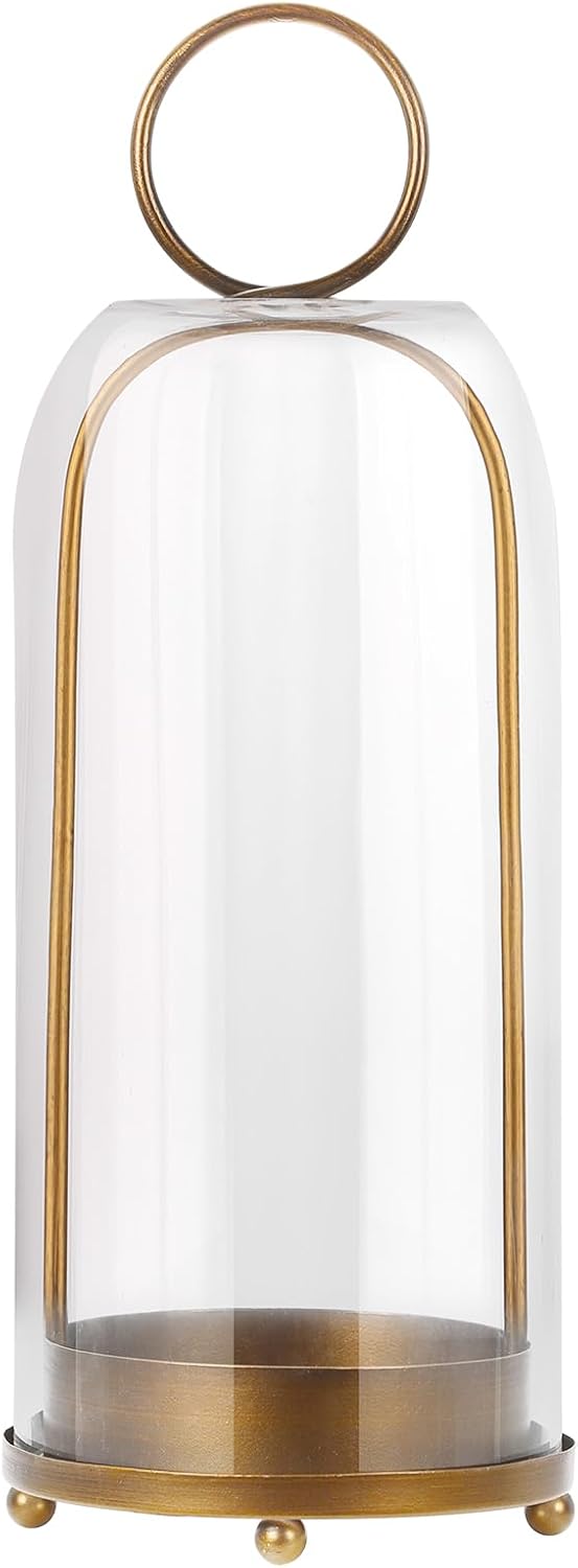16" High Versatile Modern Metal Hurricane Lantern with Handmade Sturdy Glass Dome for Pillar Candle & Plants (Brass, 6.3"x16.5")