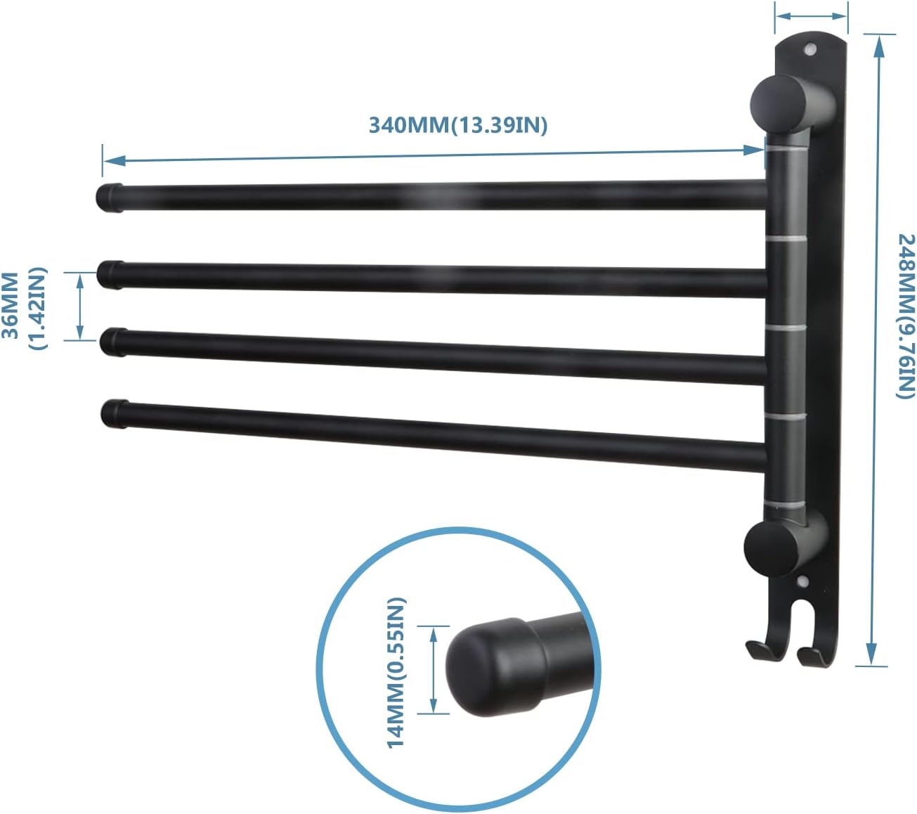 Black Towel Rack JSVER Swivel Towel Rack Wall Mounted, SUS304 Stainless Steel Towel Bar, 4 Arms Space Saving Towel Holder, Towel Racks for Bathroom