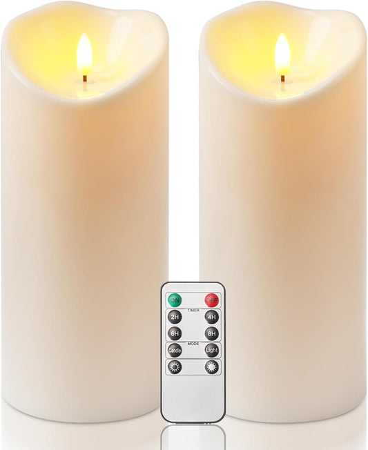 Homemory 4"x9" Outdoor Waterproof Flameless Candles with Timers and Remote Control, Battery Operated Candles, LED Plastic Candles, Ivory White, Set of 2