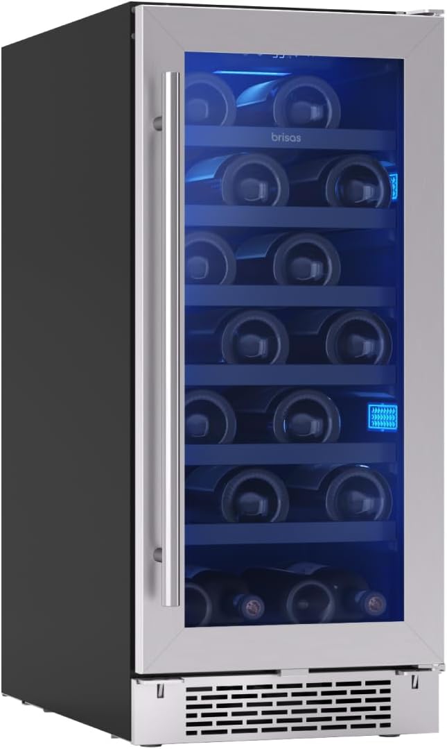 Zephyr Brisas 15 Inch Slim Wine Fridge Single Zone Under Counter - Narrow Mini Wine Cooler Small Cabinet Wine Refrigerator Home Bar Freestanding with Glass Door - 28 x 750ml Bottles