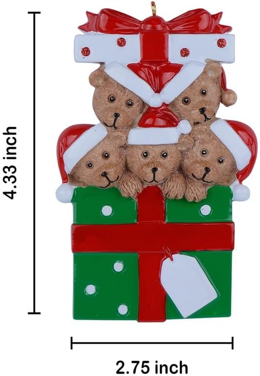 Personalized Bear Family Christmas Ornament 2024, Family of 5 Bear with Gift Box Ornaments for Christmas Tree, Personalized Bear Christmas Ornament, Unique Handmade Teddy Bear Christmas Ornament