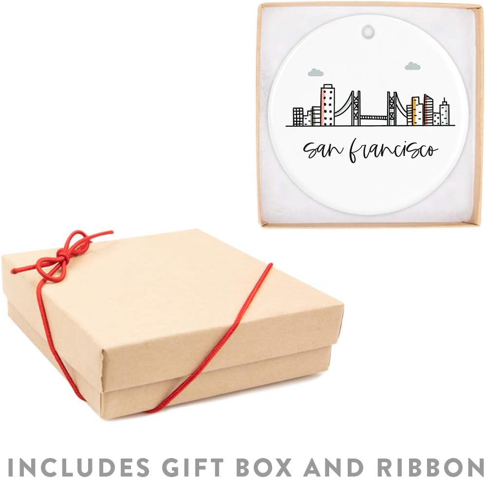 Andaz Press Round Ceramic Porcelain Christmas Tree Ornament Keepsake, San Francisco, Colorful City Skyline Graphic, 1-Pack, Birthday Gift Ideas Family Coworker Him Her, Includes Gift Box