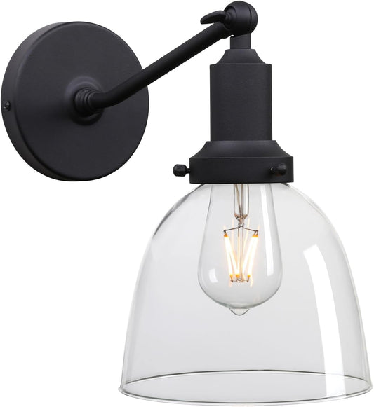 PERMO Industrial Vintage Sconces Slope Pole Single Sconce with 6.7" Oval Dome Clear Glass Shade Matte Black Wall Sconce Wall Mount Light Fixture for Bathroom Bedroom Entryway Home Office Kitchen