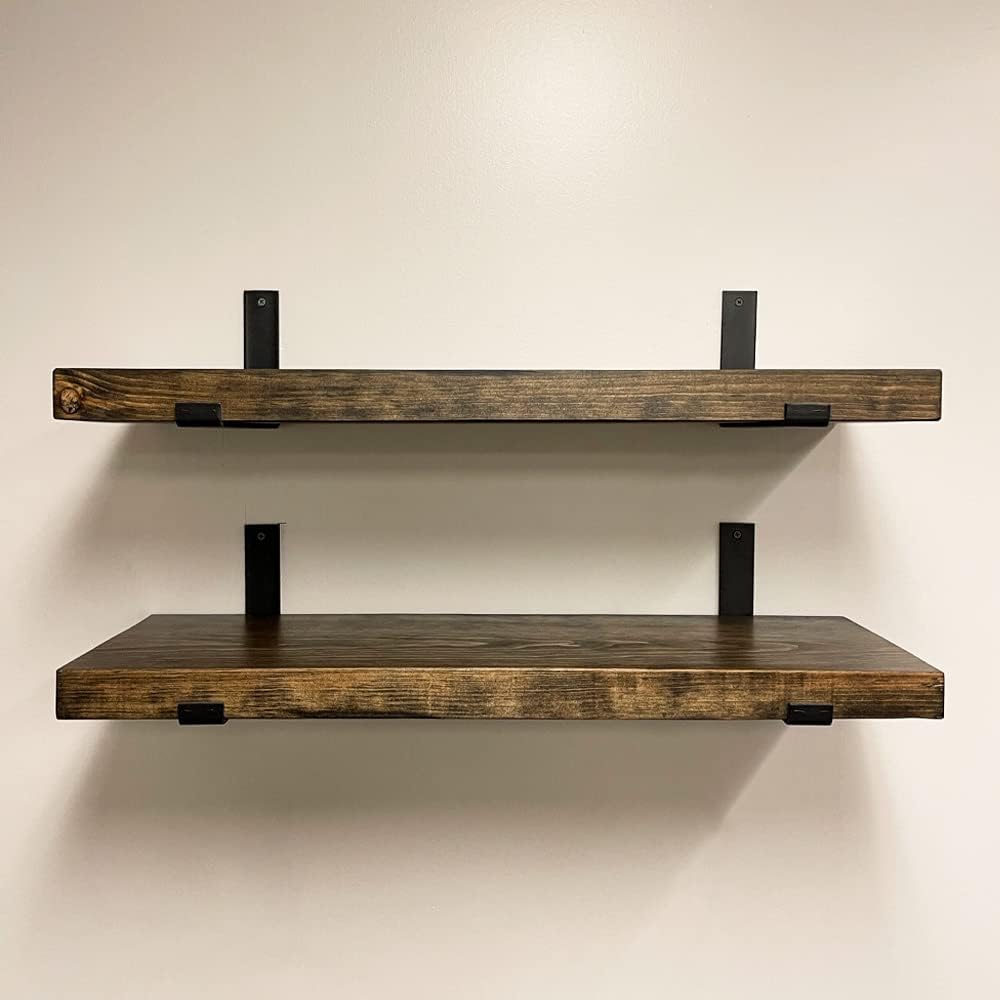 Rustic Shelves with J-Brackets Set of 2, Industrial Shelf, Kitchen Shelves, Solid Wood, Decorative Wall Storage, Heavy Duty, URBANDI (Dark Brown, 24Wx10D)