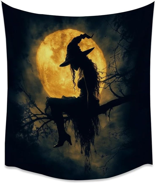 Halloween Witch Tapestry Wall Art Witchcore Moon Aesthetic Print Dark Academia Gothic Tapestries Wall Hanging Horror Ghost Halloween Party Decor for Home Living Room Bedroom 70x90inch