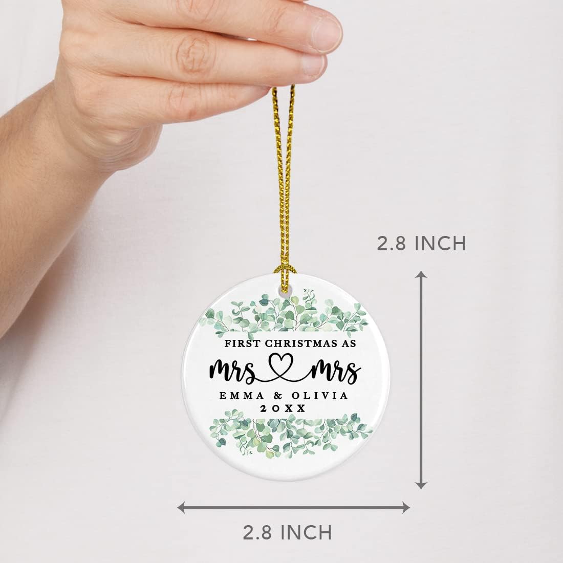Andaz Press Personalized Our First Christmas As Mrs. & Mrs. 2025 Christmas Ornaments Greenery Eucalyptus 2.8" Round Porcelain Ceramic Lesbian Married Couple Gay Women Newlyweds Keepsake 1-Pack