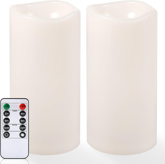 NURADA 8" x 4" Large Outdoor Flameless Candles - Waterproof LED Pillar Flickering Candle Battery Operated with Timer Remote Control for Patio Porch Lanterns Decor - Long Lasting Set of 2