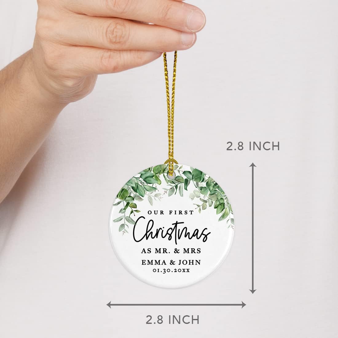 Andaz Press Personalized Our First Christmas As Mr. & Mrs. 2024 Christmas Ornaments Greenery 2.8" Round Porcelain Ceramic 1st Year Married Custom Ornament Keepsake for Newlyweds 1-Pack