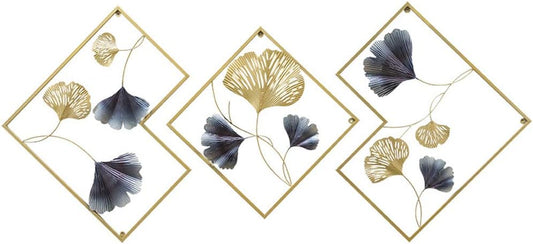 MKUN Iron Wall Sculptures - Set of 3 Diamond shaped Metal Wall Decor with Gingko Biloba Art Great for Home Hotel Decoration(Gold&Gray)