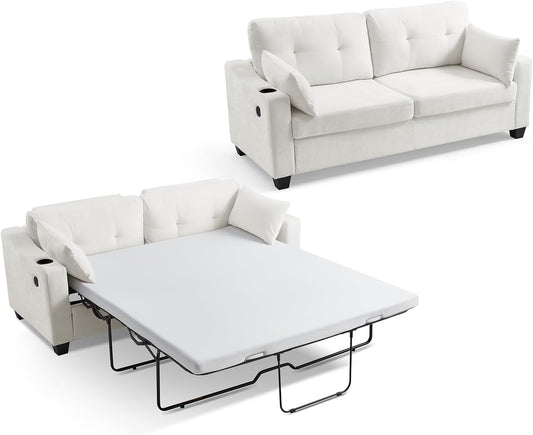 CHIC HOUSE Pull Out Sofa Bed, Full Size Sleeper Sofa, 2-in-1 Convertible Chenille Couch with USB Charging, Memory Form Corduroy Couch for Living Room, Apartment & Small Space (Beige, Chenille - Queen)