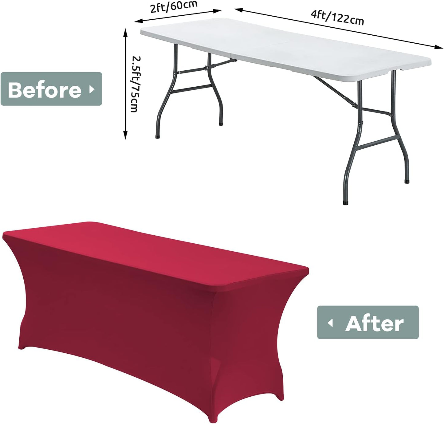 CWK 4FT Waterproof Stretch Spandex Table Cover for Rectangular Tables - Elastic Fitted Tablecloth for Folding Tables,Wrinkle Resistant Table Cloth for Parties, Weddings, Banquets & Events(Apple Red)