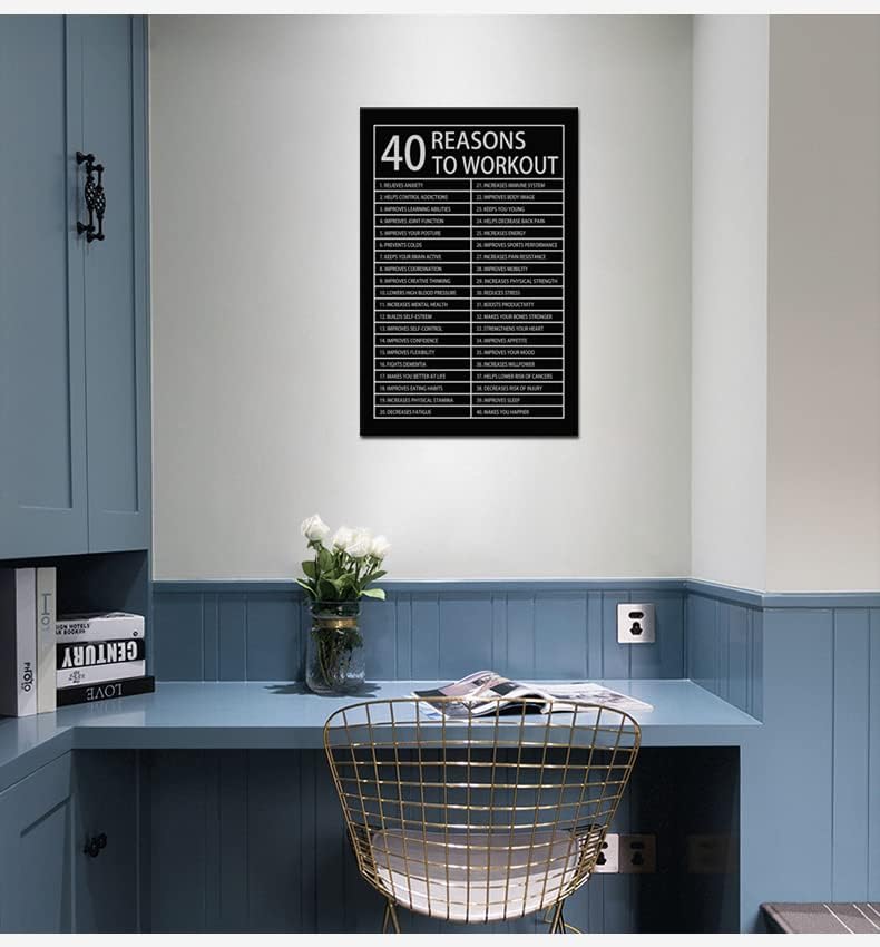 40 Reasons to Workout Motivational Posters Inspirational Wall Art Picture Printed Stretched and Framed for Office Wall Art Modern Home Decor Canvas Painting Artwork Ready to Hang [12''W x 18''H]