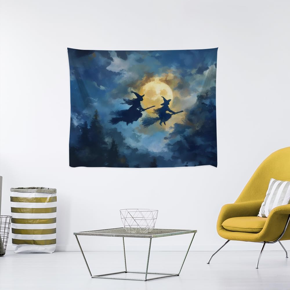 Spooky Halloween Witch Tapestry Wall Hanging Dark Fantasy Night Sky Aesthetic Print Flying Witches Under Full Moon Tapestries Horror Ghost Halloween Party Decor for Living Room Bedroom 70x90inch