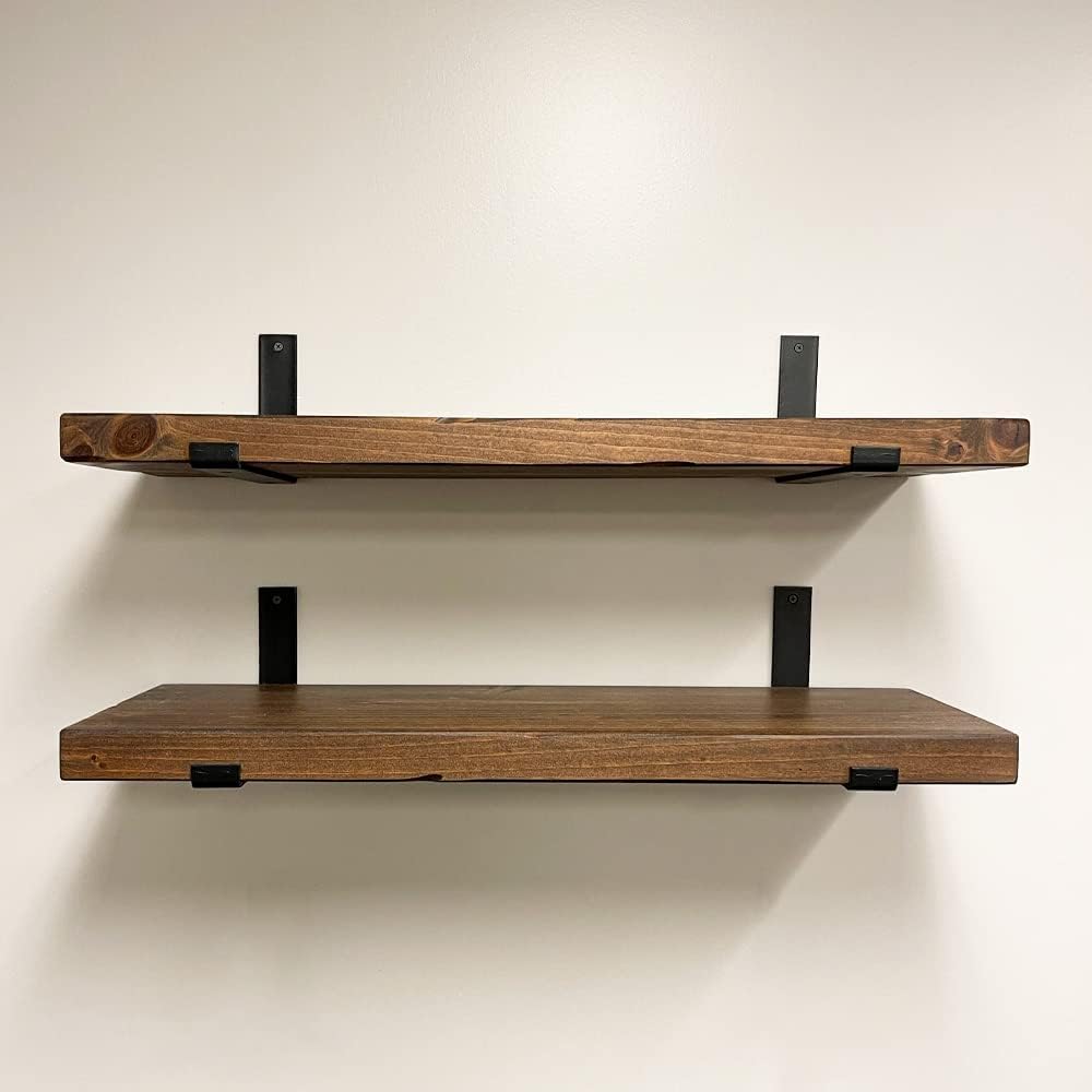 Rustic Shelves with J-Brackets Set of 2, Industrial Shelf, Kitchen Shelves, Solid Wood, Decorative Wall Storage, Heavy Duty, URBANDI (Provincial, 24Wx6D)