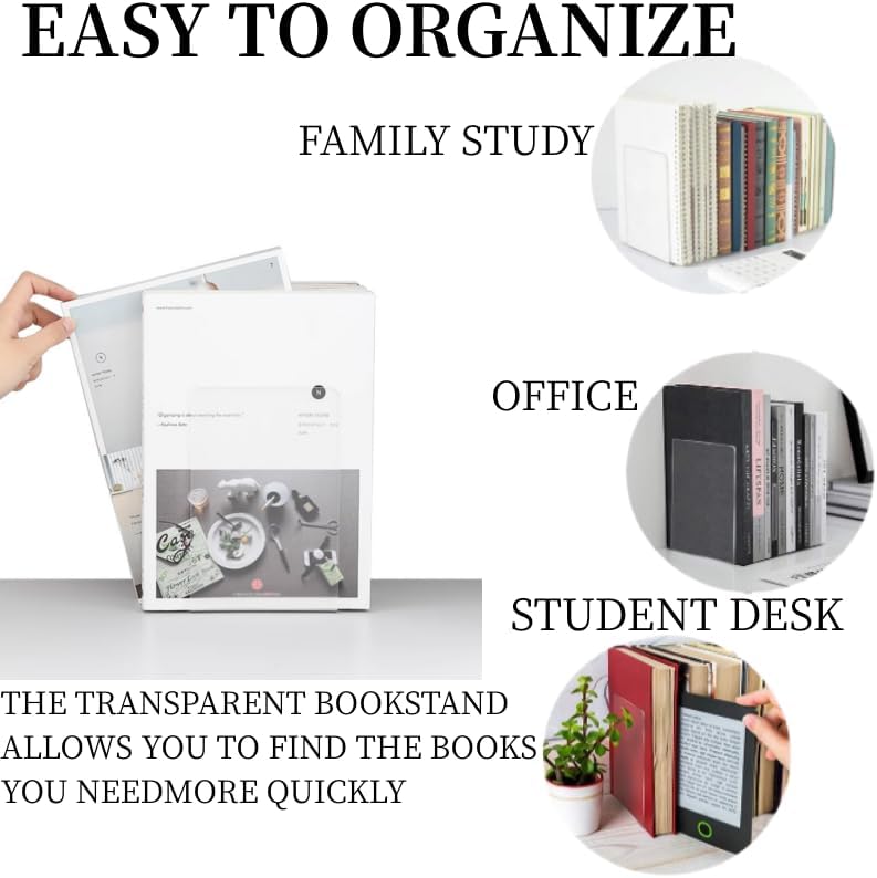 Lulonpon 8 Pieces Book Ends, Bookends, Books Stand, Books Stoppper, Clear Bookend for Shelves, Acrylic Book Ends for School, Library, Desktop Organizer ﻿