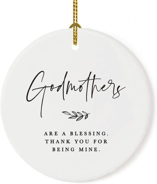 Andaz Press Round Ceramic Porcelain Christmas Tree Ornament Keepsake Collectible Godmother Gift, Godmothers are a Blessing. Thank You for Being Mine. Antique Handdrawn, 1-Pack