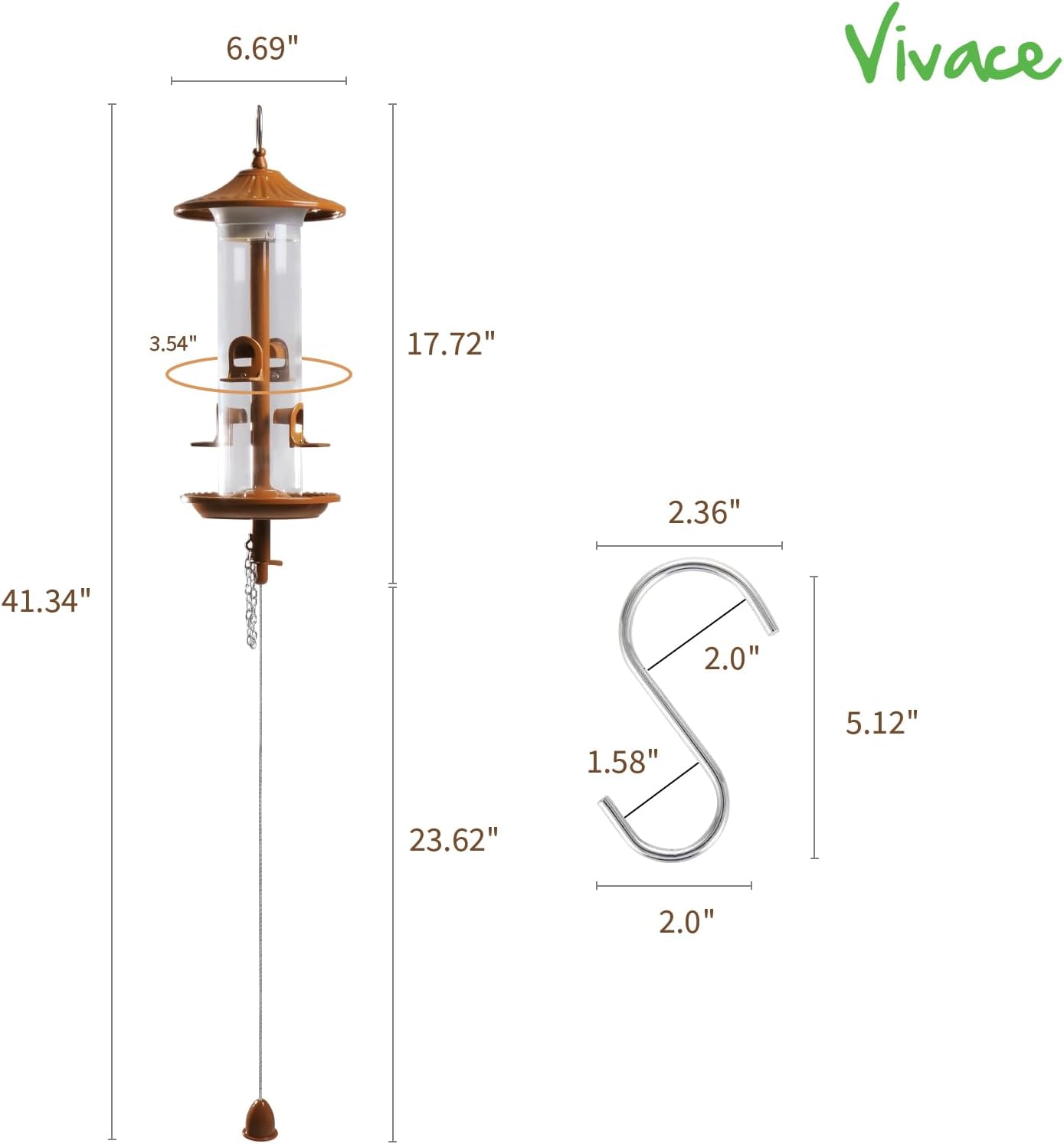 Vivace Hanging Bird Feeders, Easy to Fill 12" Tube Metal Bird Feeder for Outdoors, 4 Ports, with S Hook