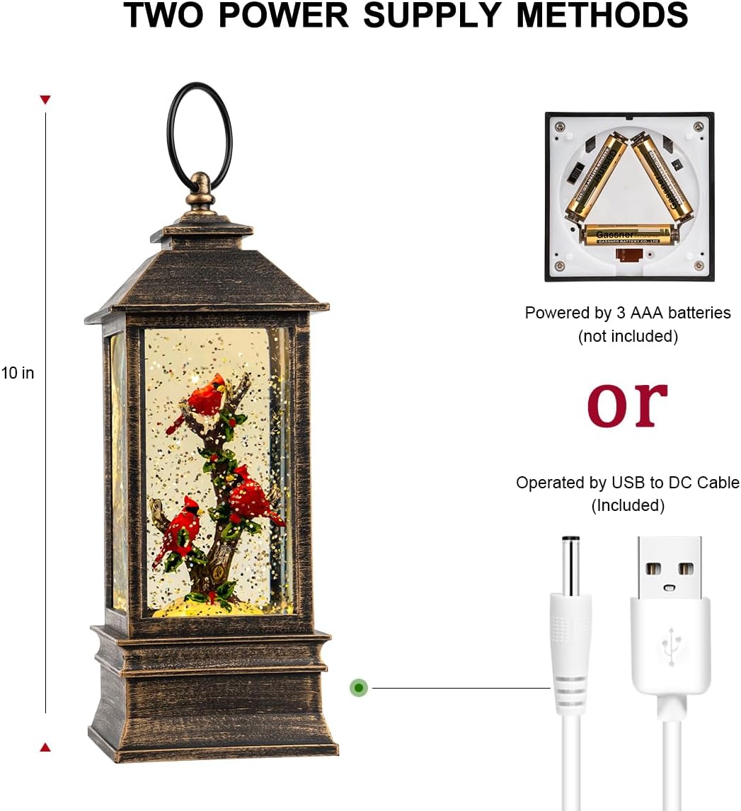 Christmas Snow Globe Lantern Water Glittering 10'' Cardinal with Music & Timer, USB Lined/Battery Operated Lighted Lantern for Christmas Festival Decoration Gifts