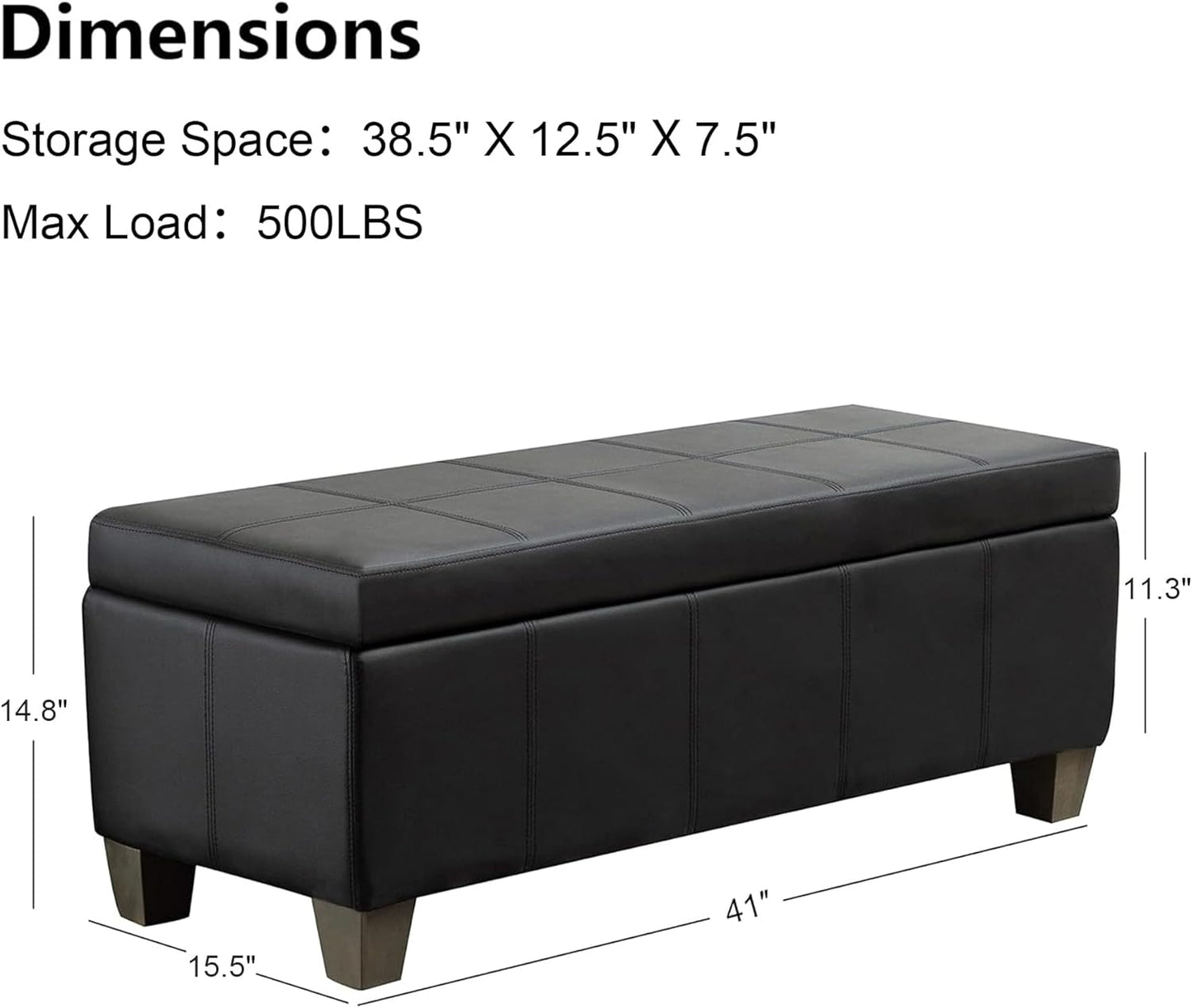 Black Faux Leather Ottoman with Storage, Rectangular Extra Long Storage Bench for Bedroom and Living Room