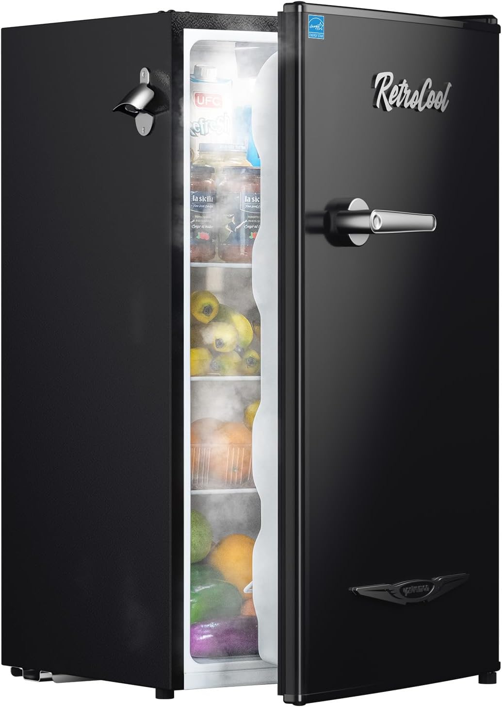 Upstreman 3.2 Cu.Ft Retro Mini Fridge with Bottle Opener, Energy Saving, Adjustable Thermostat, Metal Handle, LED Lamp, Mini Refrigerator for Bedroom, Office, Dorm-BR321 PRO (Black)