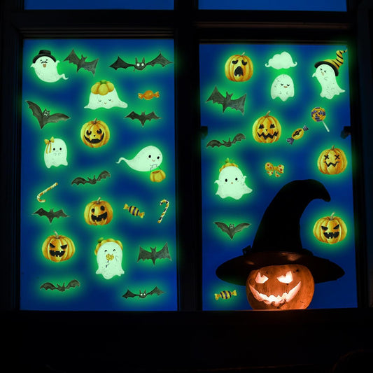 clothmile 3 Sheets Glow in The Dark Halloween Window Clings Luminous Halloween Window Stickers Removable Pumpkin Ghost Bat Wall Decor Glowing Window Clings for Scary Halloween Theme Party Decorations