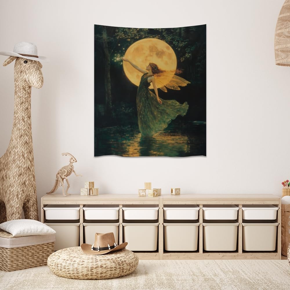 Whimsical Fairy Tapestry Fantasy Moonlight Fae Goddess Print Moody Gothic Aesthetic Wall Hanging Magical Forest Pictures Dark Cottage Witchy Tapestries for Girls Room Bedroom 70x90inch