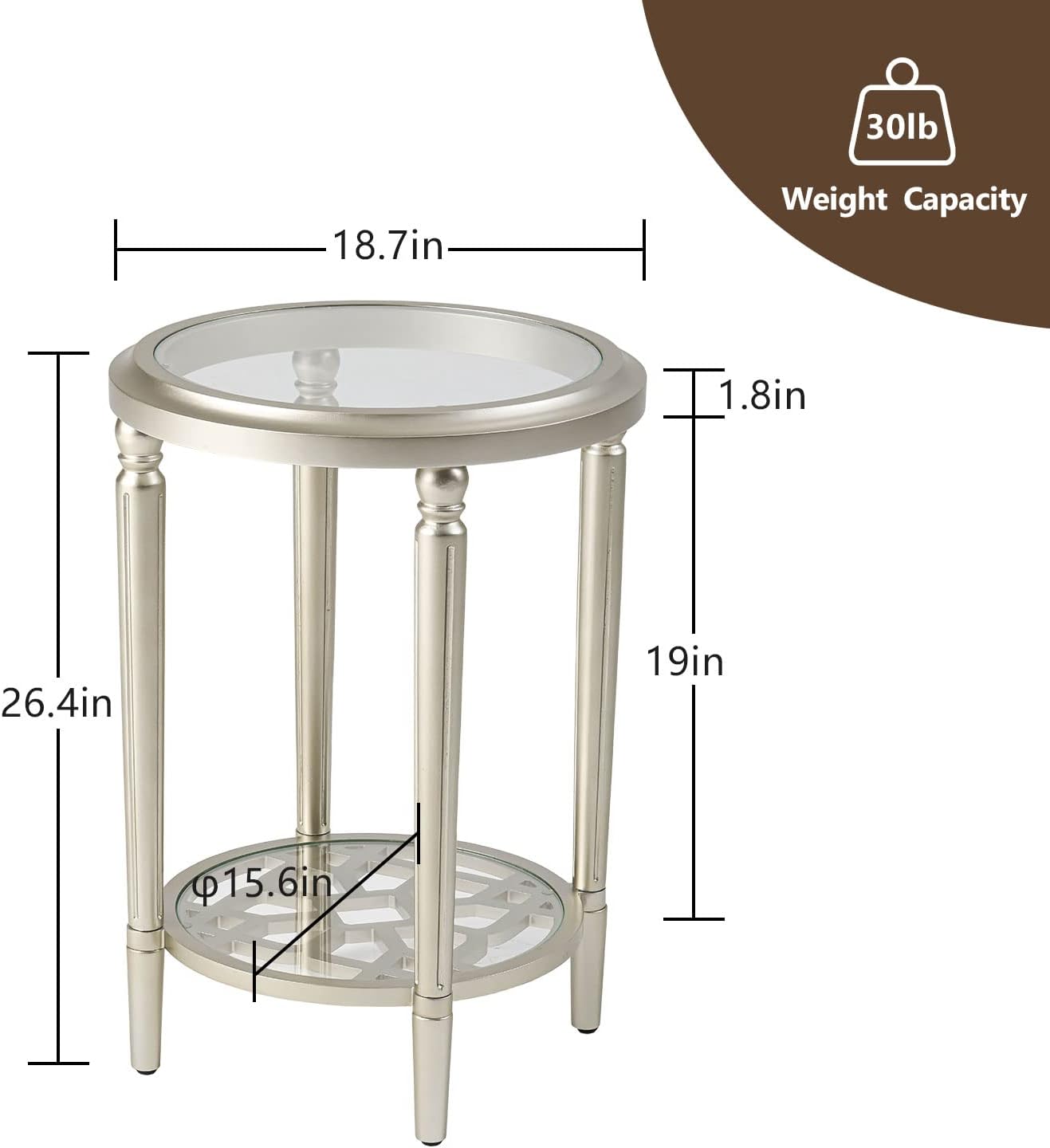 COSIEST Round Side Table, End Table Glass with Wood Frame, Champagne Gold Bedside Table with Modern Style for Living Room, Balcony, Bedroom