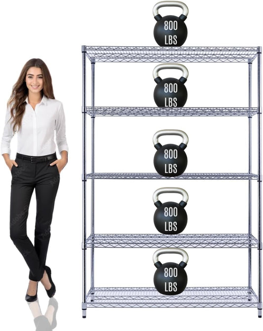 48"x24"x72" Prime Heavy Duty Chrome 5-Tier Steel Wire Shelving NSF 4000 LBS MAX Capacity Storage Rack for Commercial, School, Home, Garage, Warehouse, Industrial, and Hospital Uses (with Wheels)
