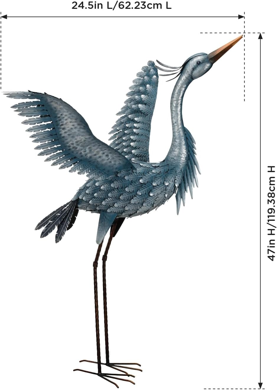 Regal Art & Gift Outdoor Garden Décor, Unique Bird Sculpture, Rustic Metal Bird Statues, Garden Ornaments, Bird Figurine for Lawn, Decorative Sculpture, Heron, Blue, Wings Up, 47"height