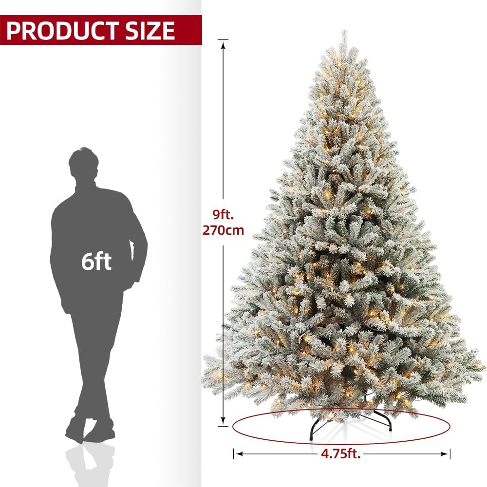 Prelit Christmas Tree with Lights 9ft,Premium Snow Flocked Artificial Xmas Tree, with 2270 Branch Tips and 900 Warm Lightsm,Support Automatique,Perfect Choice for Christmas Decorations,White