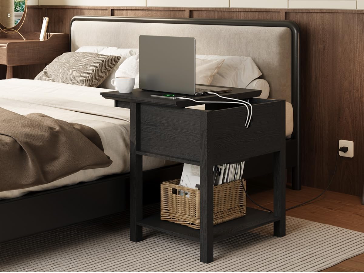 Rresyet Sliding Side Table with Charging Station & 2-Tier Storage,Farmhouse End Table, Wooden Nightstand for Bedroom & Living Room,Black