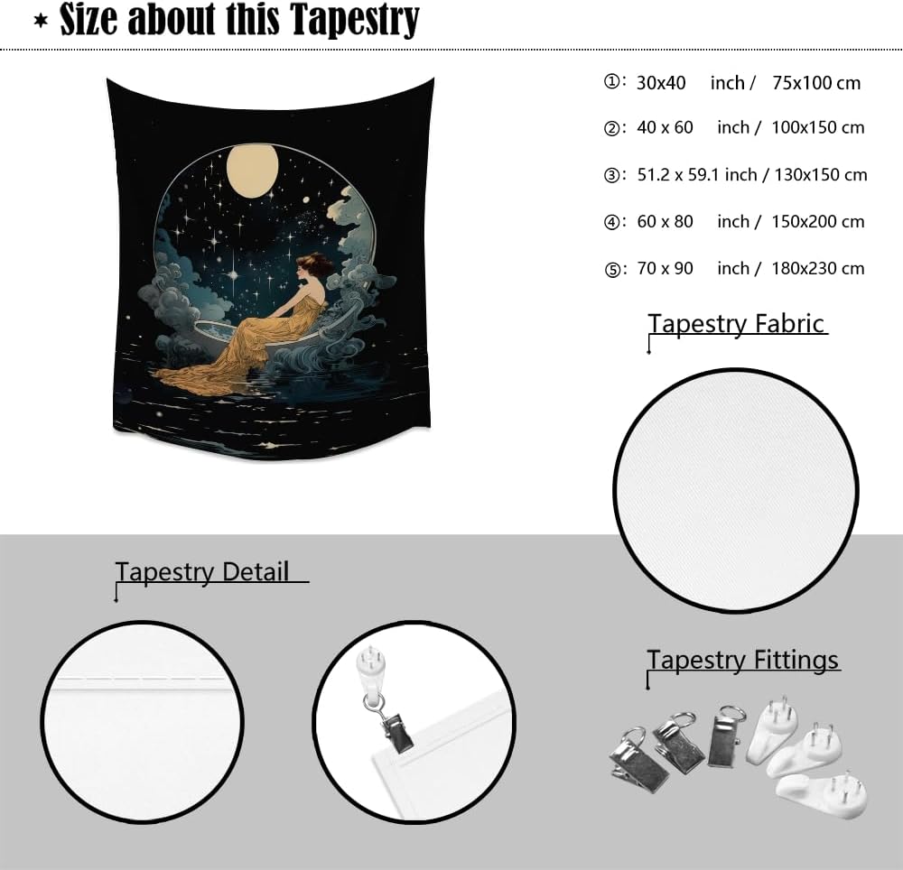 Dark Academia Tapestry Celestial Moonlit Bathing Lady Print Trendy Aesthetic Gothic Wall Hanging Vintage Art Nouveau Tapestries Wall Decor for Bedroom Living Room Dorm 60x80inch