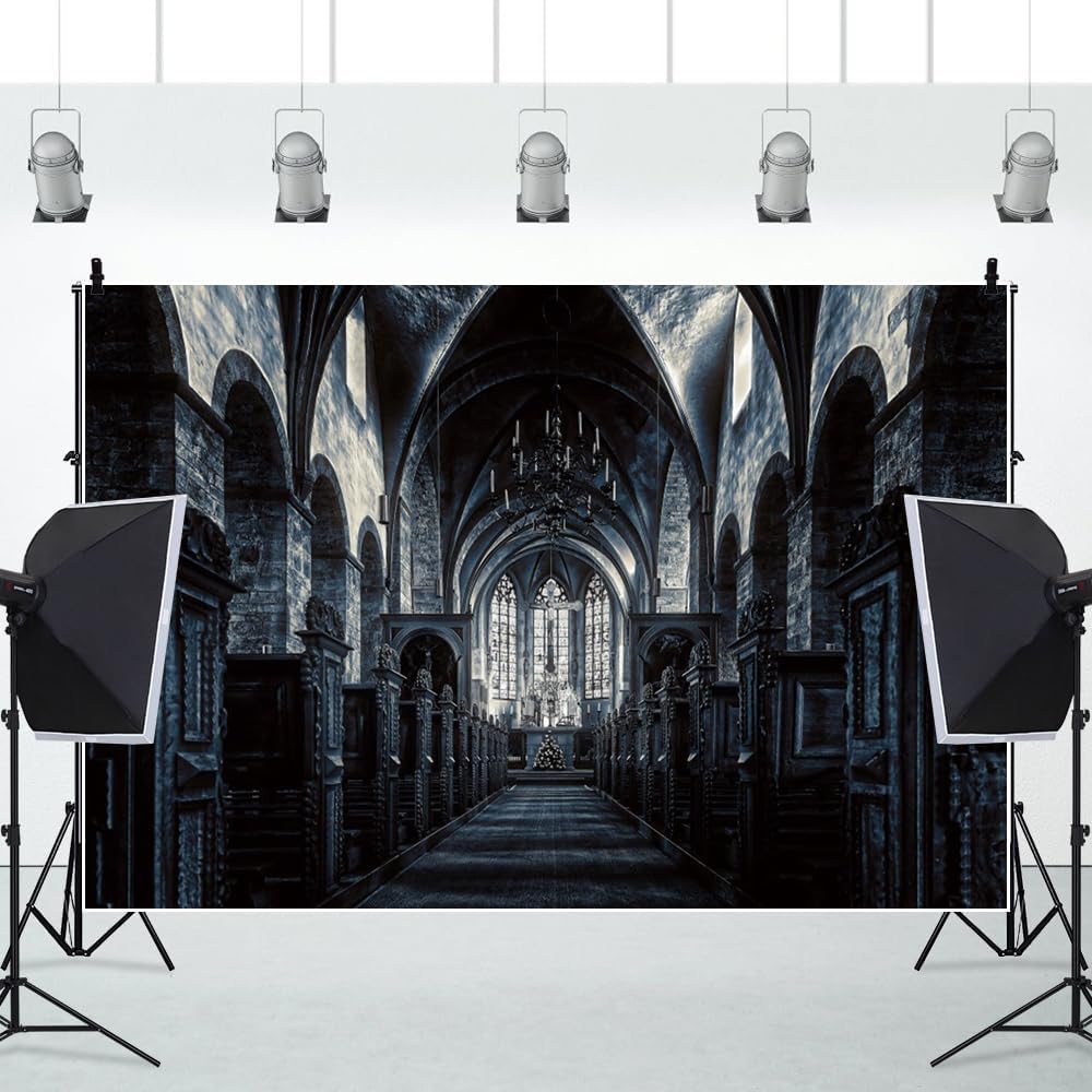 ChloropLastid 7x5ft Scary Church Halloween Backdrop Dark Black Horror Gothic Medieval Castle Interior Photography Background Halloween Night Carnival Theme Party Decor Banner Photo Studio Props