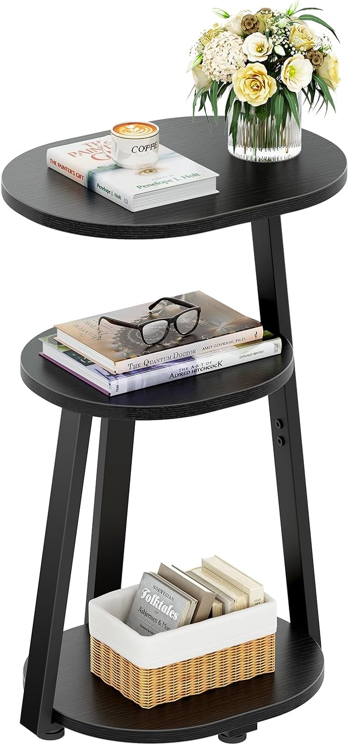 Side Table, Small End Table with Metal Frame, 3-Tier Bedside Tables, Round Side Tables for Living Room Bedroom Couch Bathroom, Oval, Pure Black