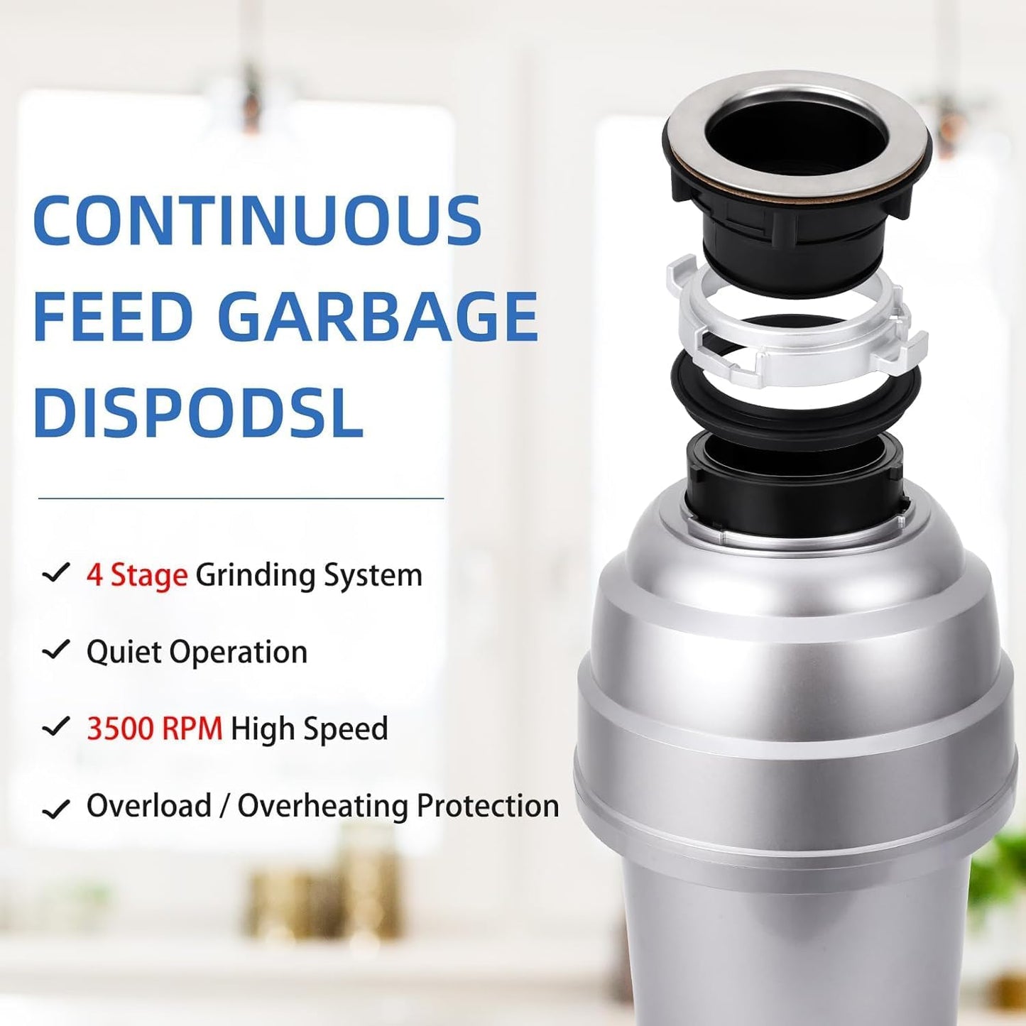 Powerful 3/4HP Stainless Steel Garbage Disposer, Dishwasher-Friendly and Continuous Feeding Waste Disposer, Grinding Material Four-Stage Grinding, Silver