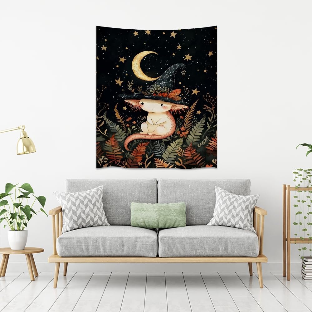 Whimsical Witch Tapestry Wall Hanging Decor Cute Axolotl Tapestry Magical Moon Animal Nursery Decoration Halloween Tapestries wall art for Home Kids Bedroom Living Room 30x40inch