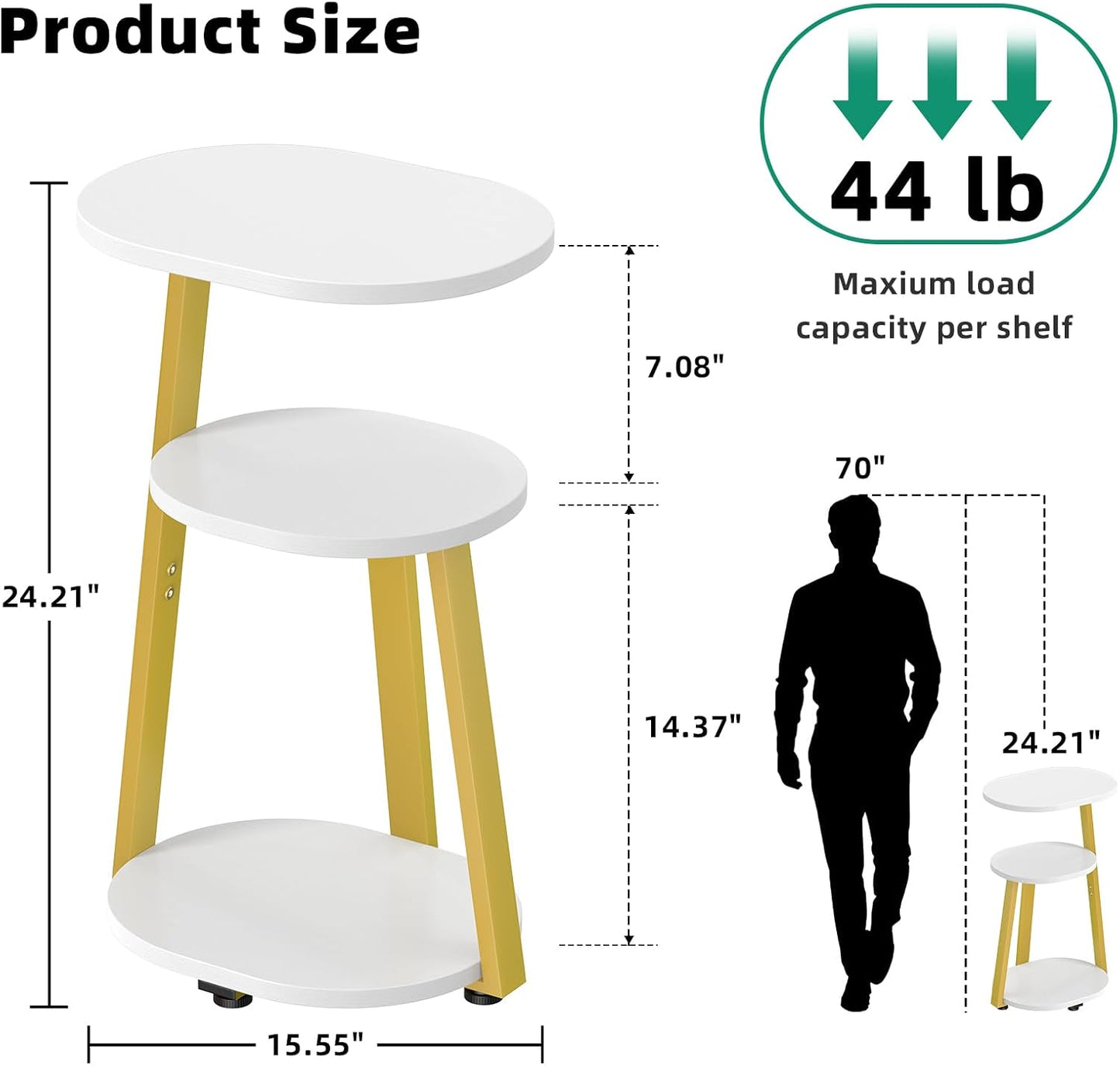 Side Table, Small End Table with Metal Frame, 3-Tier Bedside Tables, Round Side Tables for Living Room Bedroom Couch Bathroom, Oval, White
