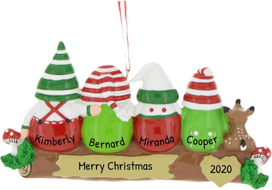 3D Gnome Family of 4 Christmas Ornament 2025 Personalized Family Christmas Ornaments 2025 | Gnomes Log Mushrooms, Deer Personalized Tree Ornaments Customizable Gifts Woodland Gnomes of Four Ornament