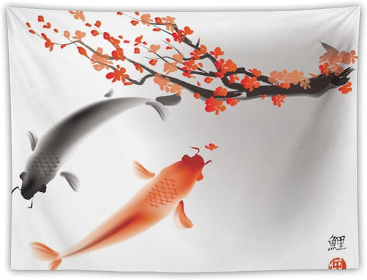 Houselerax Japanese Koi Fish Tapestry, Cherry Blossoms Asian Oriental Flower Branch Koi Fish Carp Tapestries Wall Hanging for Bedroom Living Room Office Decor 60"x50"