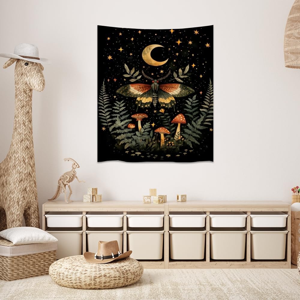 Mystical Moth Mushroom Tapestry Dark Academia Aesthetic Wall Hanging Decor Moon Star Witchy Print Butterfly Enchanted Forest Tapestries for Home Bedroom Living Room Office Decor 40x60inch