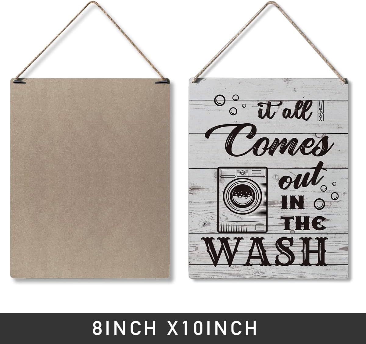 Qious Laundry Sign Gift Farmhouse It All Comes Out in the Wash Wooden Hanging Sign Plaque Rustic Wall Art Decor for Home Laundry Decoration 10 x 8 Inches
