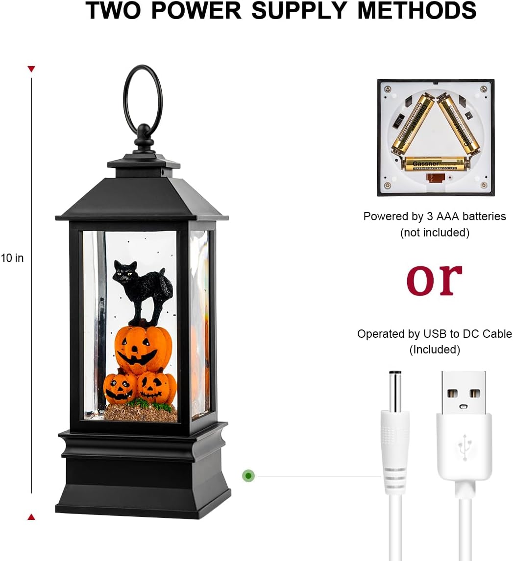 Halloween Snow Globe Lantern Water Glittering Spooky Witch' s Black Cat in Pumpkins with Music, USB Lined/Battery Operated Lighted Lantern for Halloween Festival Decoration Gifts