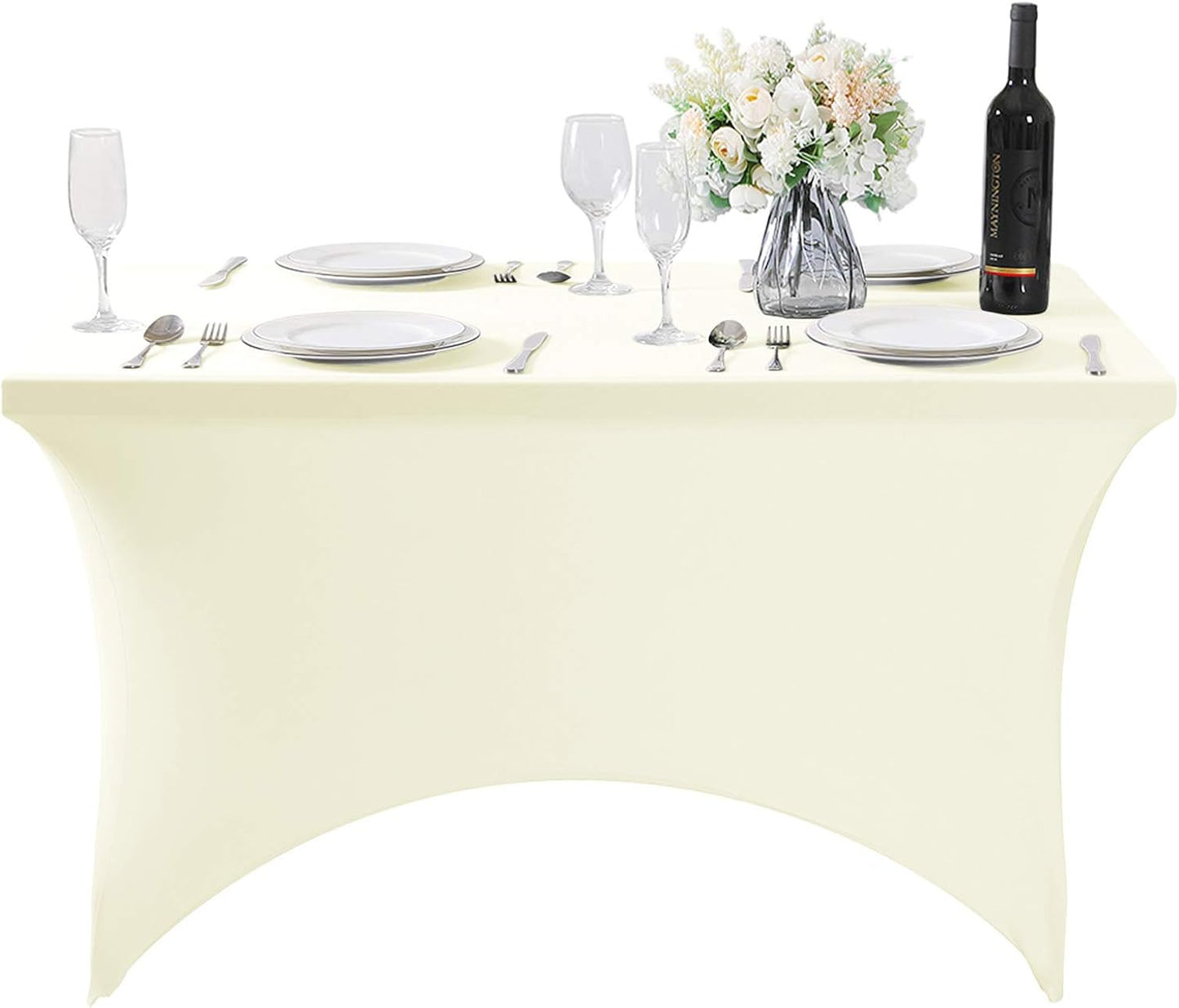 SuperO Waterproof Spandex Table Cover for 4FT Table Universal Fitted Stretch Tablecloth for Party, Banquet, Wedding and Events-Ivory