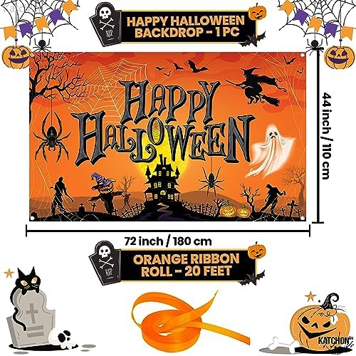 KatchOn Orange Happy Halloween Banner - XtraLarge 72x44 Inch | Pumpkin Backdrop for Party Decorations & Photography