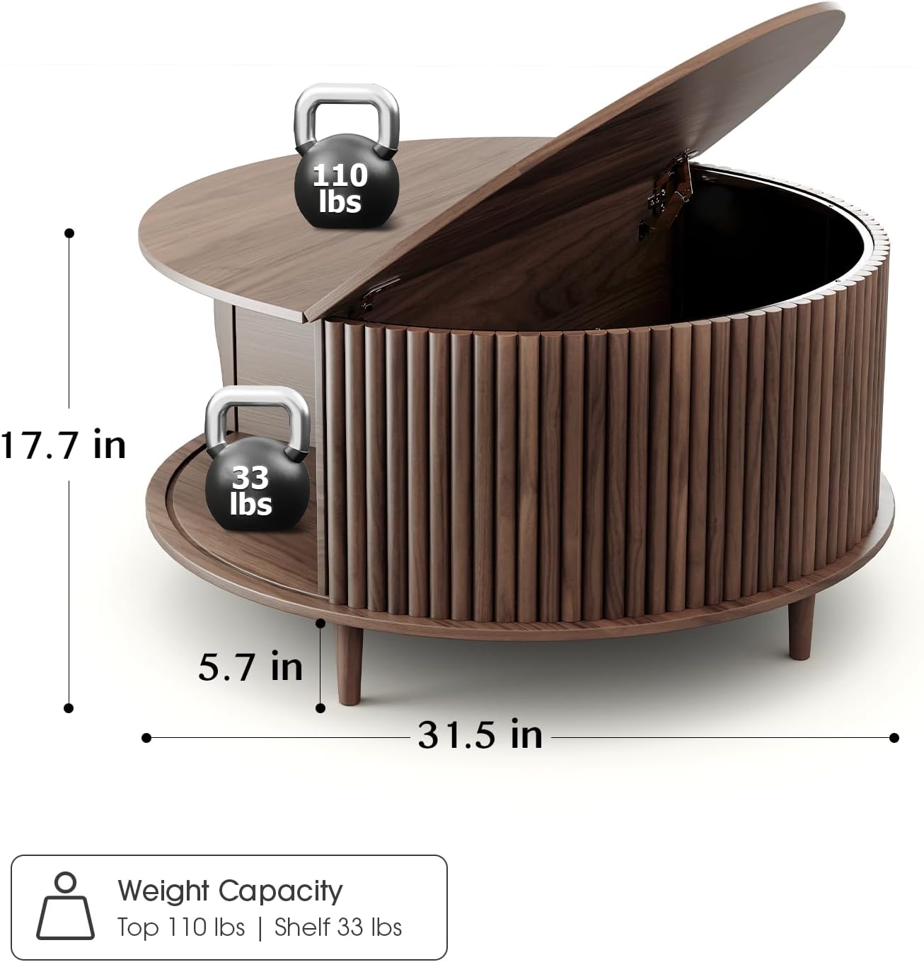 Round Coffee Table with Storage,Fluted Center Table with Sliding Cabinet Door for Living Room,Home Small Space,31.5" Small Center Table,Walnut