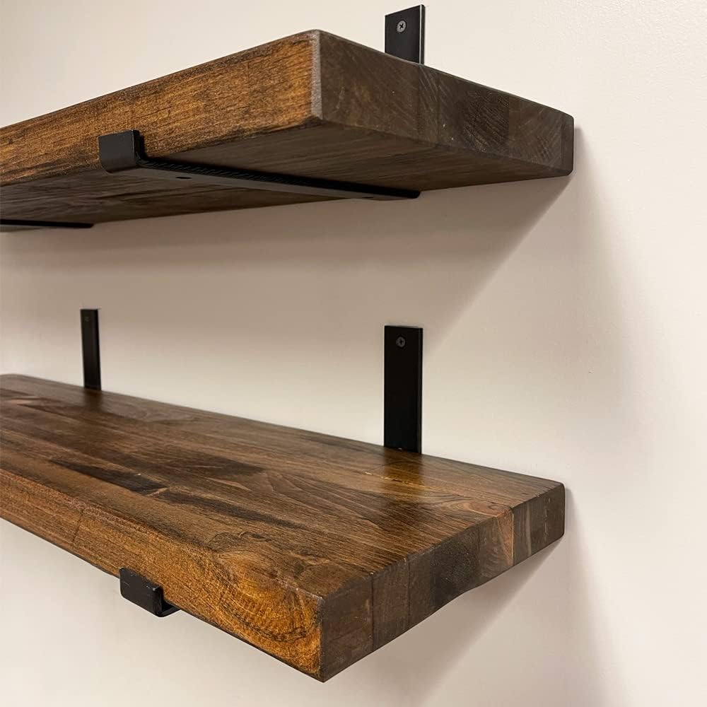 Rustic Shelves with J-Brackets Set of 2, Industrial Shelf, Kitchen Shelves, Solid Wood, Decorative Wall Storage, Heavy Duty, URBANDI (Provincial, 36Wx12D)